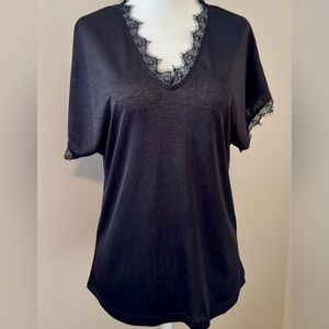 V-Neck T’s - Set of 3: black, pink & white w/eyelash lace around neck & sleeves